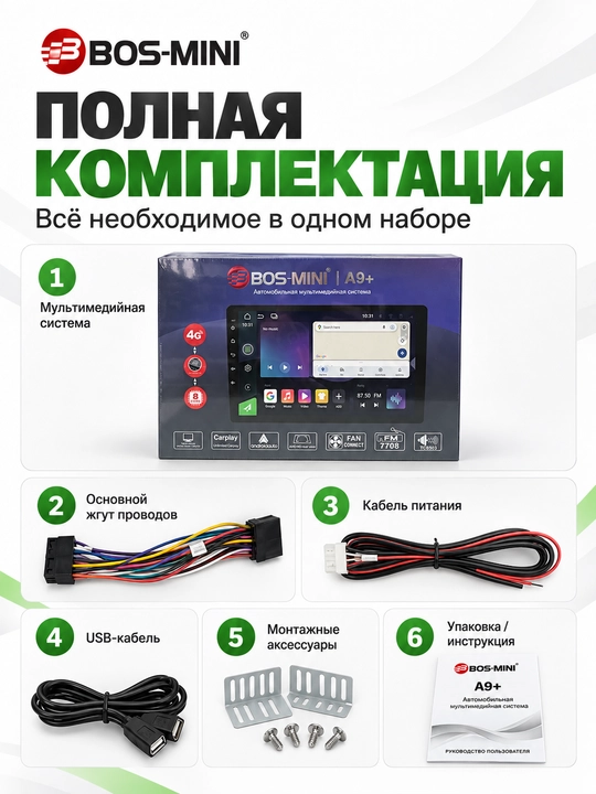 BOS MINI A9+ Android-магнитола, 4G, CarPlay, DSP, 8-ядерный процессор