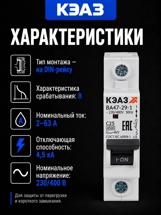 KEAZ VA47-29 B 1P 2–63A avtomatik o‘chirgichi 4,5 kA