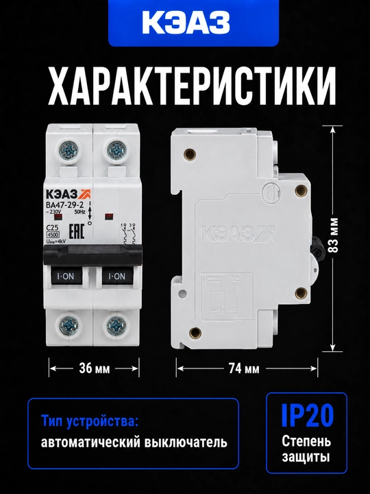 Автоматический выключатель КЭАЗ ВА47-29 B 2P 2–63А 4,5 кА