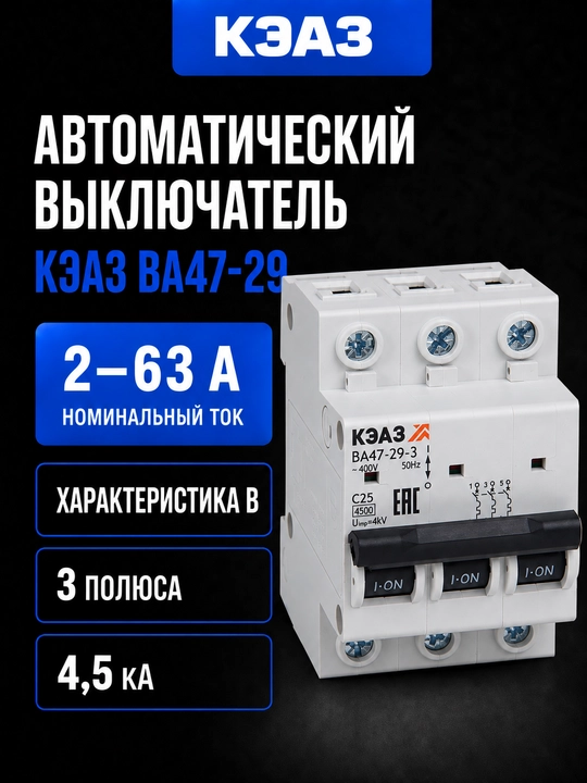 Автоматический выключатель КЭАЗ ВА47-29 B 3P 2–63А 4,5 кА - 