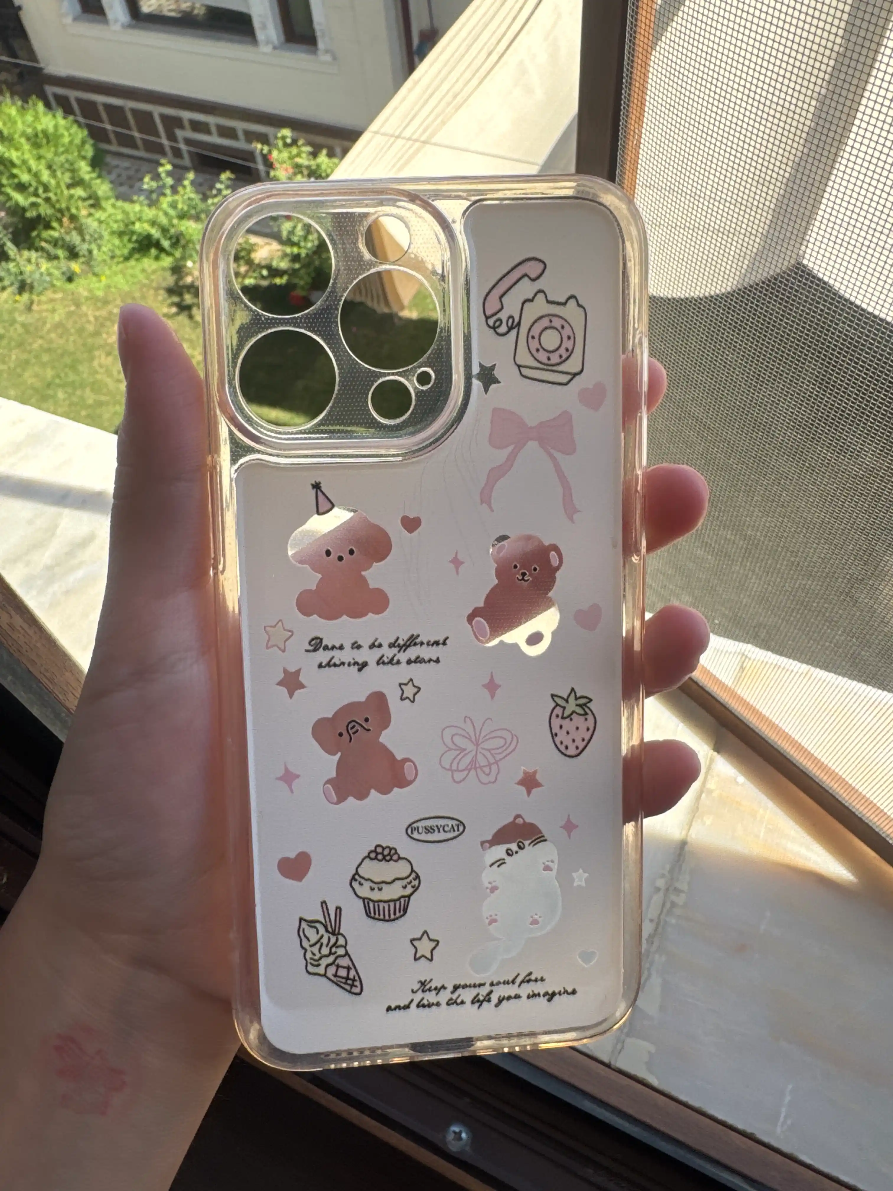 IPhone uchun shaffof silikon chexol Cute Bear Cat Kawaii kamera himoyali