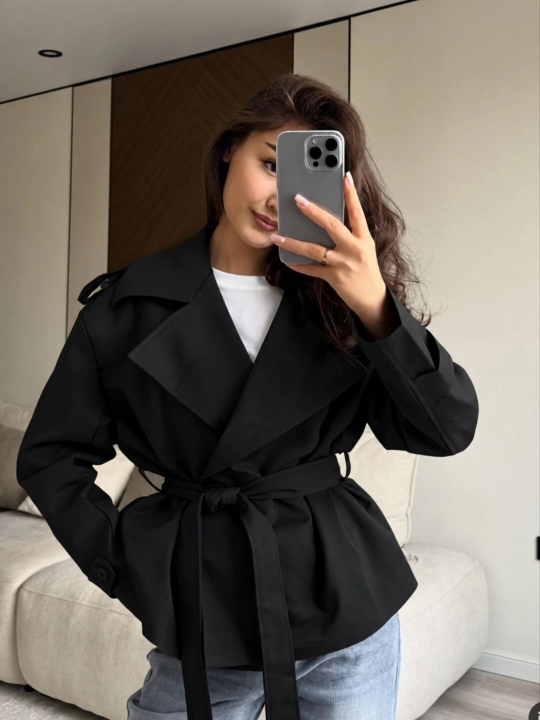 Ayollar uchun ekocharm kurtka pidjak jaket, tugmali va belbog'li bahorgi,kuzgi ustki kiyim