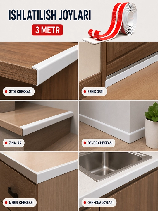 Devor, mebel va kafel burchaklari uchun o'zi yopishadigan PVC lenta