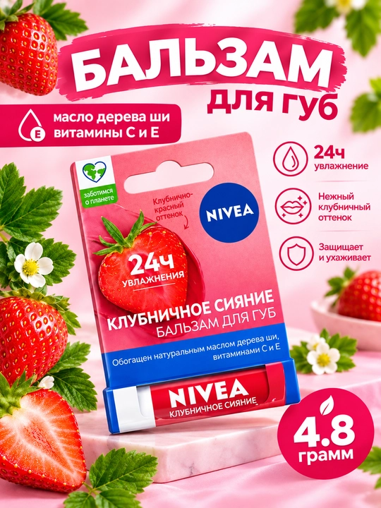 NIVEA Fruity Shine Клубника Бальзам для губ 4,8 г - 