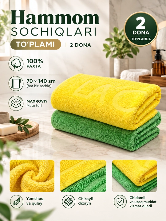 Sochiq – 100% paxta, yumshoq va namlikni yaxshi singdiradi hammom uchun to‘plam