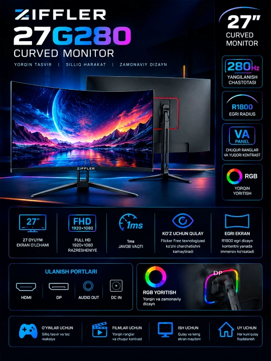 O'yin monitori Ziffler 27G280 27" Curved monitor (HDMI+DP+Audio out+DC) VA panel 280hz RGB - 