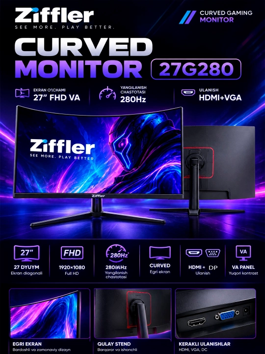 Игровой монитор  Ziffler 27G280 27" Curved  (HDMI+DP+Audio out+DC) VA panel 280hz RGB