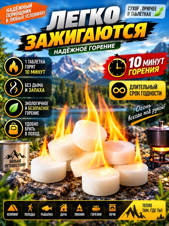 Сухое горючее для туристических печей и горелок, для похода, кемпинга и пикника