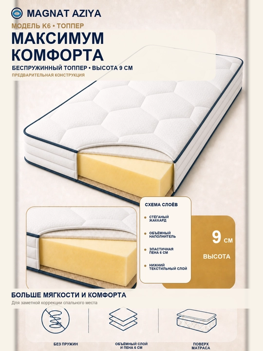 MAGNAT AZIYA K6 prujinasiz topper, balandligi 9 sm - 