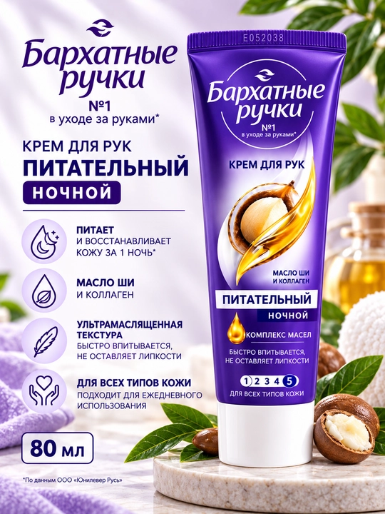 Qo'l kremi Бархатные ручки, oziqlantiruvchi va namlantiruvchi, 80 ml - 