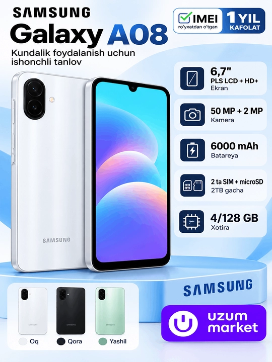 Smartfon Samsung Galaxy A08,6000mAh katta Batareya,50MP+2MP kamera,SIM2+microSD - 