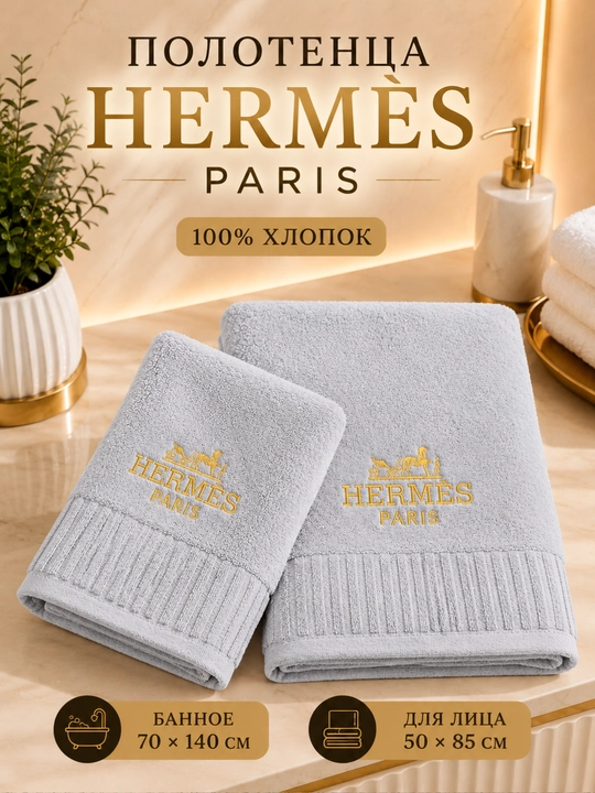 Полотенца Hermes Paris, набор, 100% хлопок, банное 70×140 и для лица 50×85 см - 