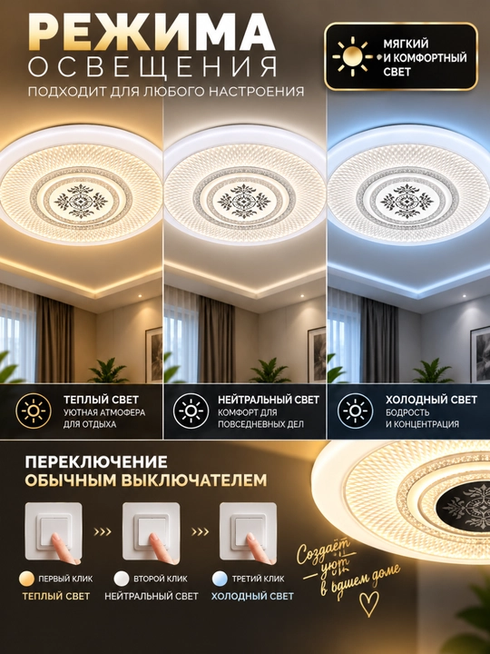 Led люстра плафон светильник лампа 3 режима освещения для комнаты потолка 96w 45 см