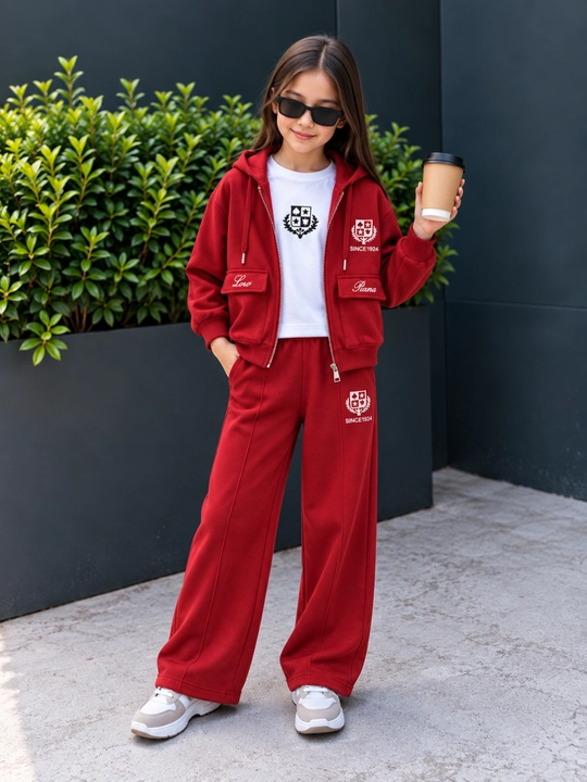Qizlar uchun 3 qismli pushti sport komplekti: huddi, futbolka va keng shim, 8–13 yosh