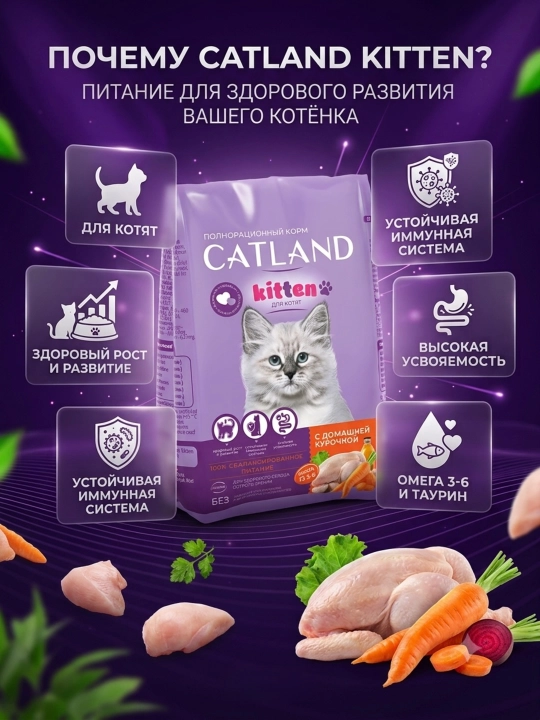 Сухой корм CATLAND Kitten с домашней курицей: 100% польза и здоровый рост котят
