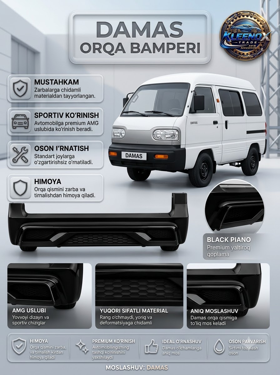 Damas uchun orqa bamper, sportiv uslubda tuning bufer, qora yaltiroq va nikel qoplama - 