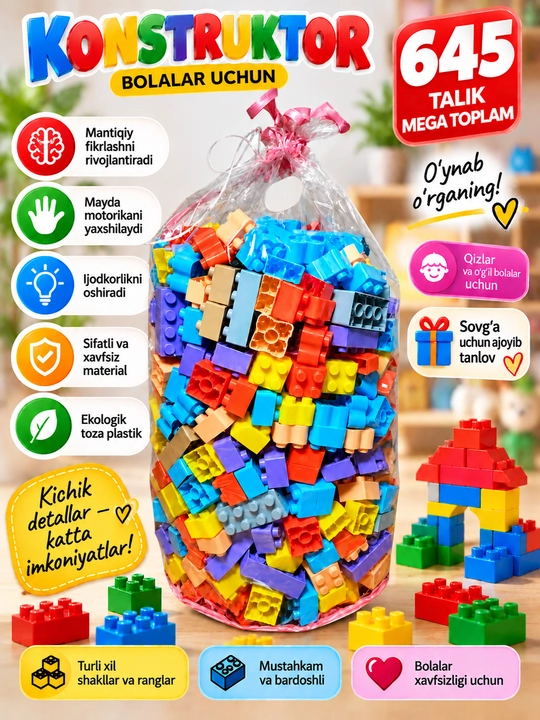 Bolalar konstruktori, rivojlantiruvchi o‘yinchoq, rangli bloklar to‘plami - 