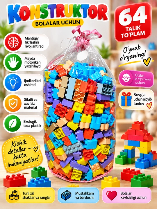 Детский конструктор, развивающая игрушка, набор разноцветных блоков