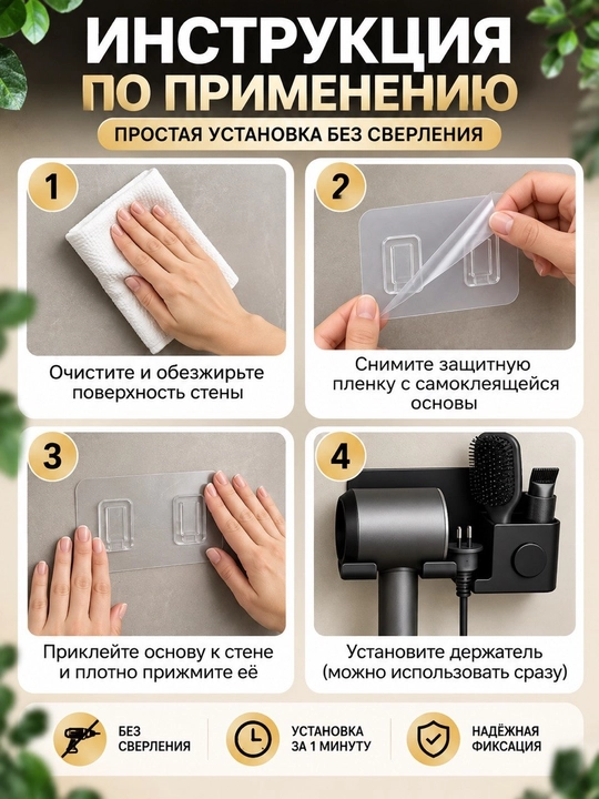 Настенный органайзер для ванной, с держателем фена, полкой