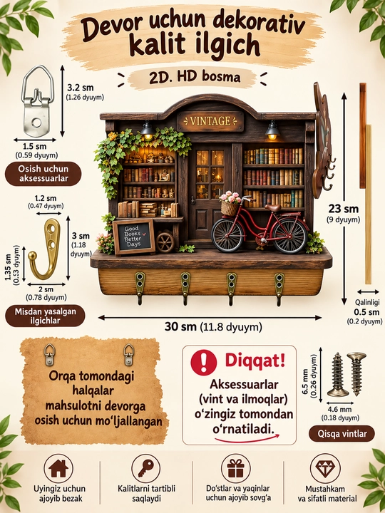 Kalit ilgich, uy devoriga yopishtiriladigan kalit ilgichlar, dekorativ ilgak - 