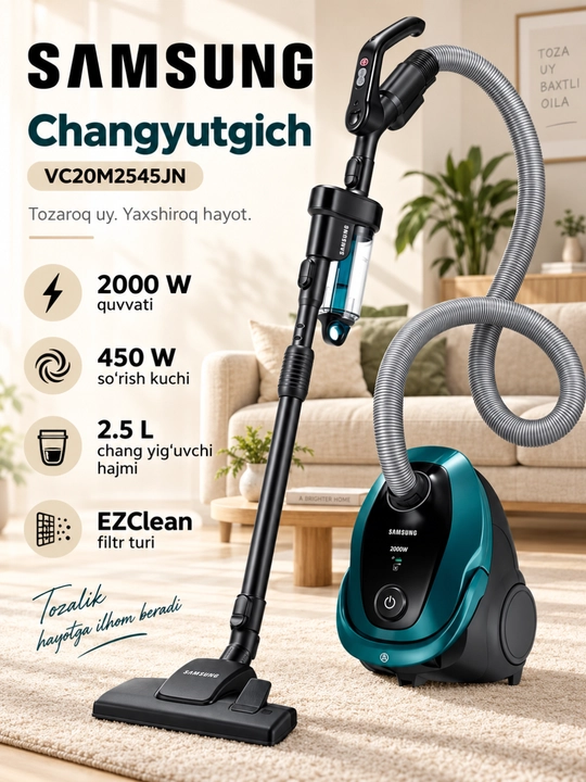 Samsung VC20M2545JN changyutgichi, 2000 Vt, 450Vt so‘rish kuchi, EZClean filtr