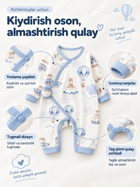 Yangi tug‘ilgan chaqaloqlar uchun kombinezon, yumshoq uzun yengli kundalik kiyim