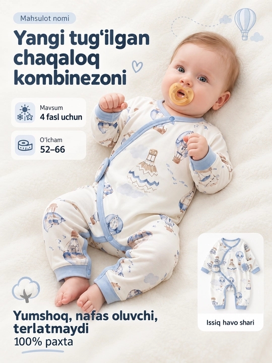 Yangi tug‘ilgan chaqaloqlar uchun kombinezon, yumshoq uzun yengli kundalik kiyim - 