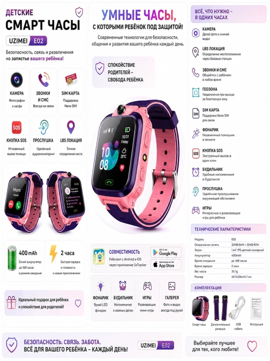 Смарт-часы для детей — SIM-карта, звонок,  GPS и камера