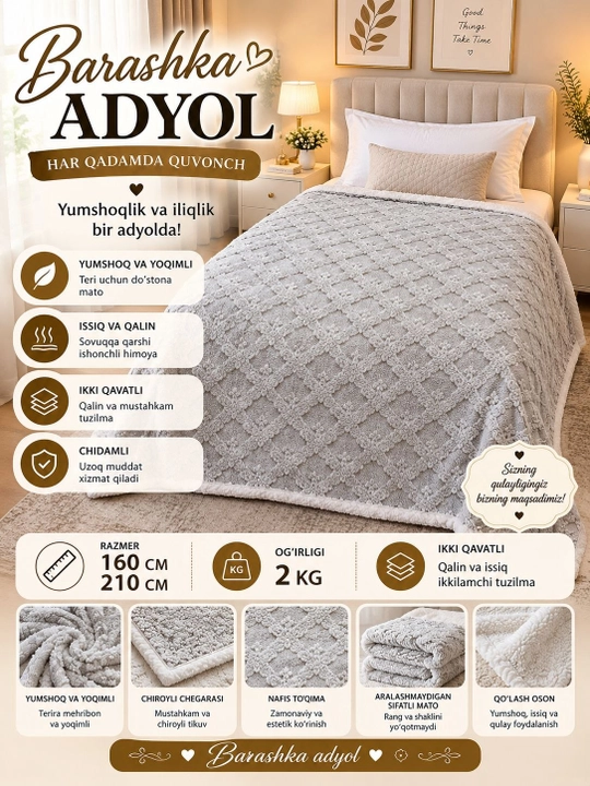 Bir kishilik, ikki qavatli qalin adyol, razmer 160 smga 210 sm - 