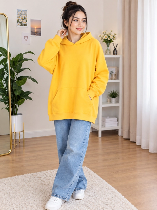Ayollar uchun katta razmer oversize xudi, kapyushonli, keng fason, sariq