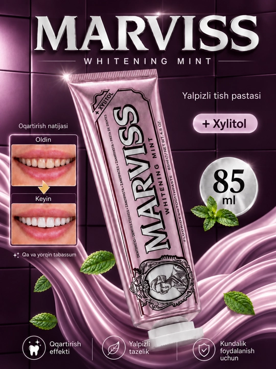 Oqartiruvchi effektga ega tish pastasi, MARVIS Amarelli Licorice Mint, 85 ml - 
