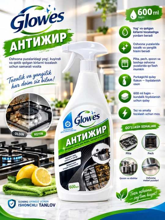 Средство против жирности Glowes для кухни, 600 мл - 