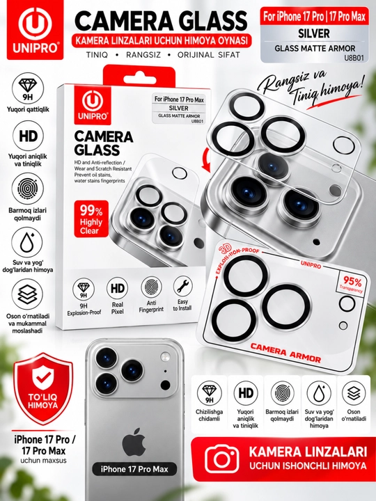 IPhone 17 Pro Max uchun 9H Camera Glass kamera himoya oynasi