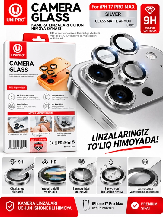 IPhone 17 Pro Max uchun 9H Camera Glass kamera himoya oynasi - 