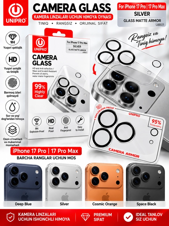 IPhone 17 Pro Max uchun 9H Camera Glass kamera himoya oynasi