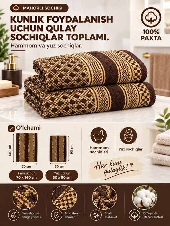 Набор махровых полотенец для ванной и лица, 100% хлопок, 50×90 и 70×140 см, 2 шт - 