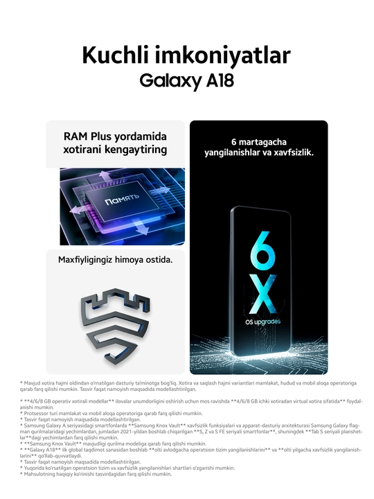 Смартфон Samsung Galaxy A18, 8/256 ГБ, Exynos 1610, 6,7″ Super AMOLED, 5000 мА·ч