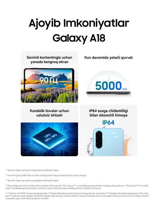 Смартфон Samsung Galaxy A18, 8/256 ГБ, Exynos 1610, 6,7″ Super AMOLED, 5000 мА·ч