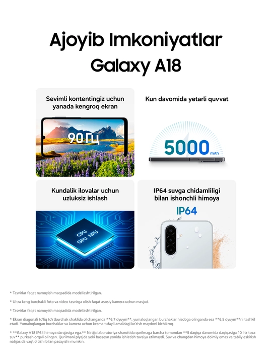 Смартфон Samsung Galaxy A18, 8/256 ГБ, Exynos 1610, 6,7″ Super AMOLED, 5000 мА·ч