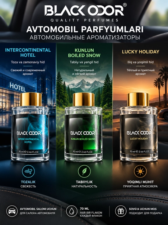 BLACK ODOR avtomobil parfumi to‘plami, 3 xil hid, 70 ml - 