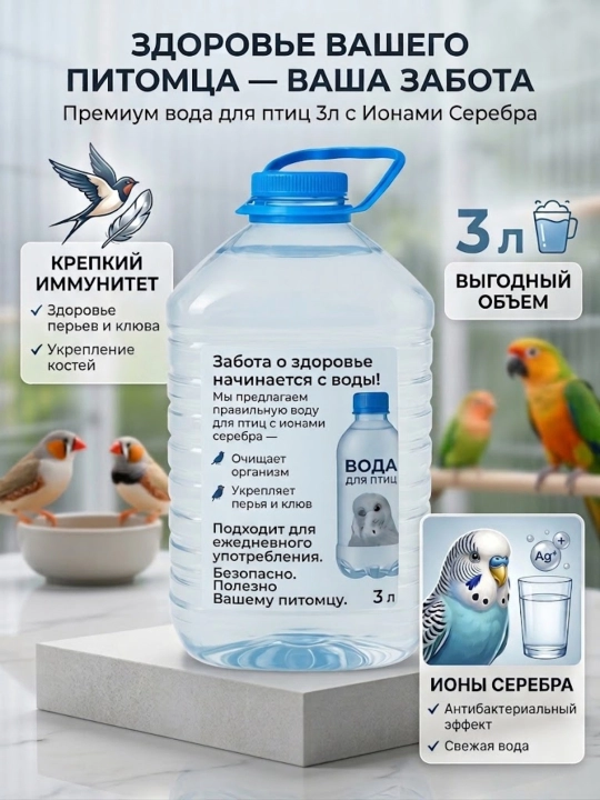 Дистиллированная вода с ионами серебра для птиц, 3 л - 