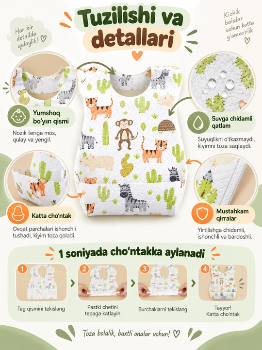 Chaqaloqlar uchun bir martalik ko‘krakcha, ovqatlanish uchun fartuk, 10 dona