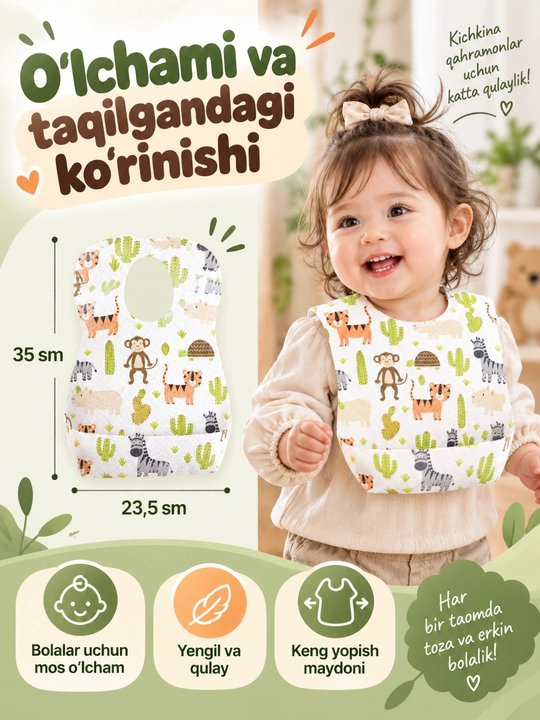 Chaqaloqlar uchun bir martalik ko‘krakcha, ovqatlanish uchun fartuk, 10 dona