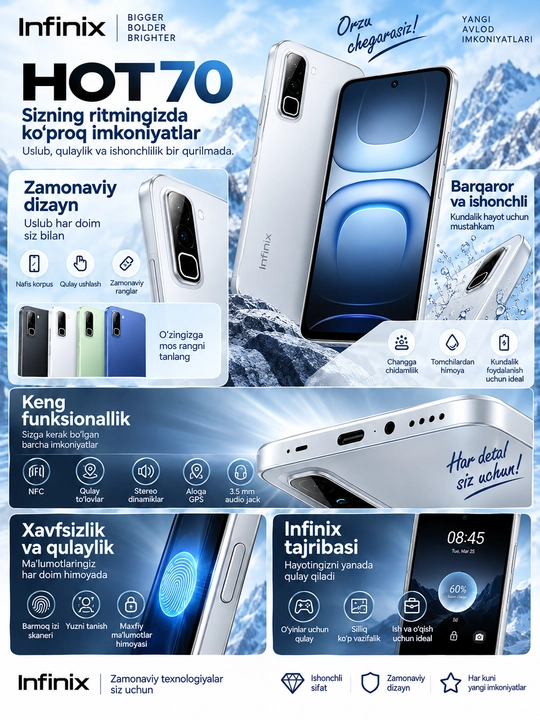 Smartfon infinix Hot 70, 6000mAh 45w, 50+8mp, IPS 120hz