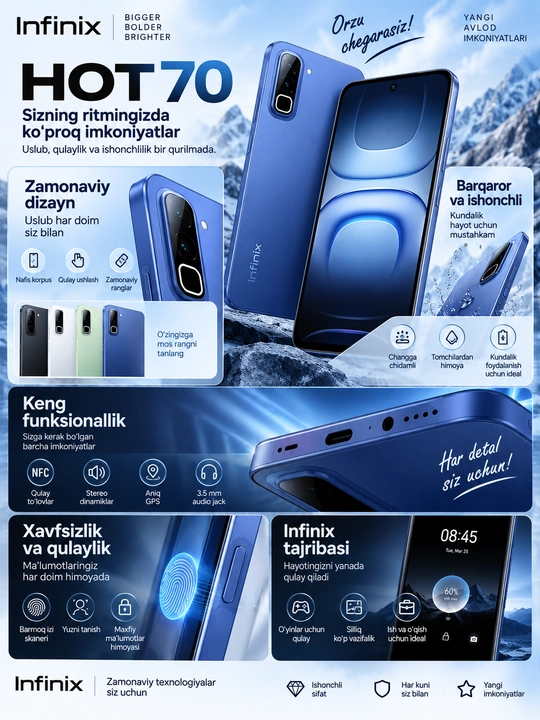 Смартфон Infinix Hot70 6000мАч, быстрая зарядка 45Вт камера 50+8МП IPS-дисплей 120Гц