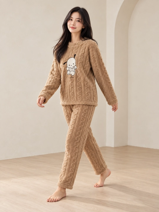 Ayollar va qizlar uchun issiq qishki flizli pijama dvoyka, komplekt shim, triko, kofta