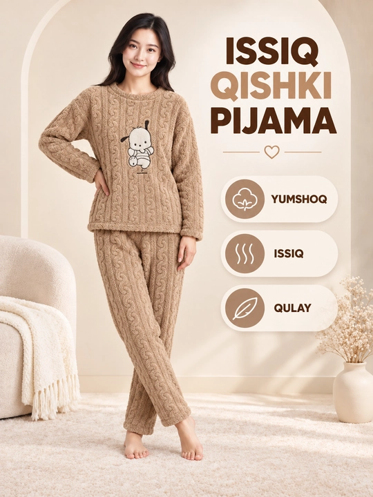Ayollar va qizlar uchun issiq qishki flizli pijama dvoyka, komplekt shim, triko, kofta - 