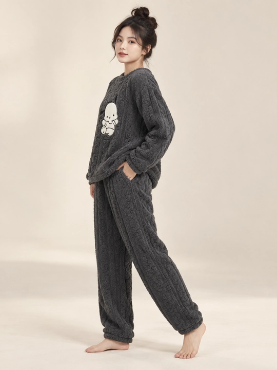 Ayollar va qizlar uchun issiq qishki flizli pijama dvoyka, komplekt shim, triko, kofta