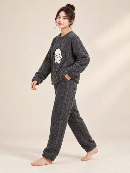 Ayollar va qizlar uchun issiq qishki flizli pijama dvoyka, komplekt shim, triko, kofta