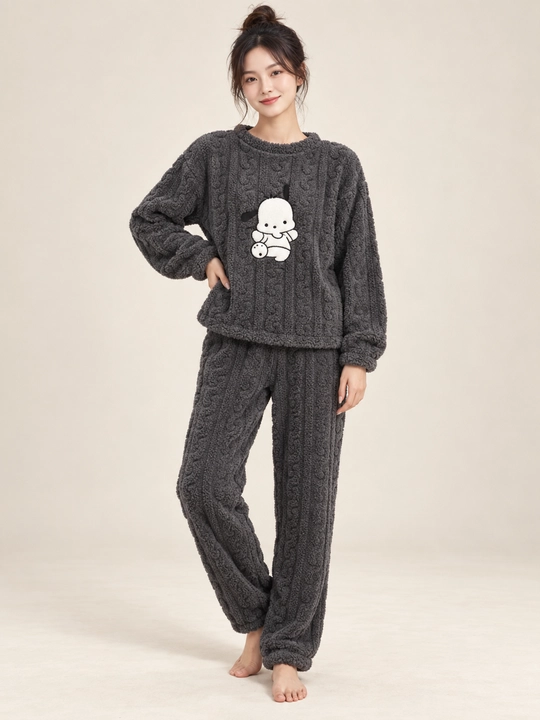 Ayollar va qizlar uchun issiq qishki flizli pijama dvoyka, komplekt shim, triko, kofta - 